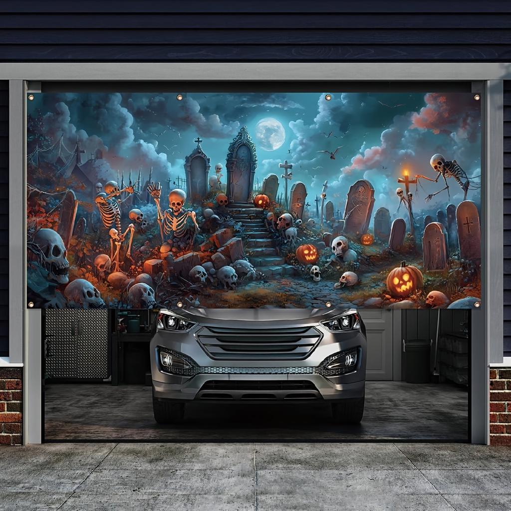A Halloween Garage Polyester Banner a Creepy Cemetery with Skulls and Tombstones and an Outdoor Party Backdrop