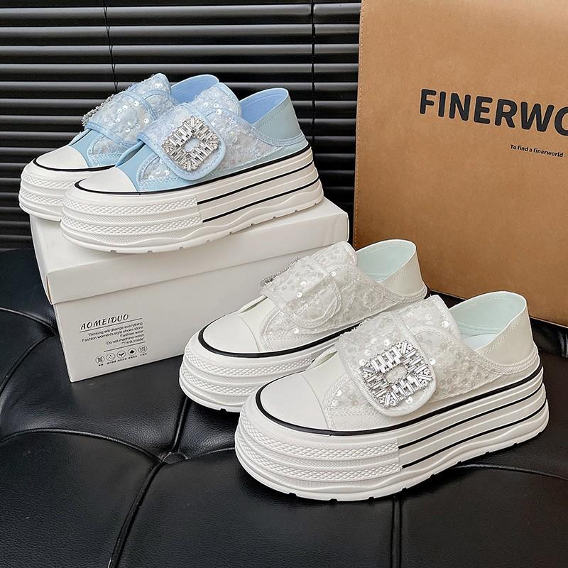 2025 summer new thick-soled casual Velcro board shoes student versatile diamond buckle breathable sequin mesh women's shoes are not stuffy