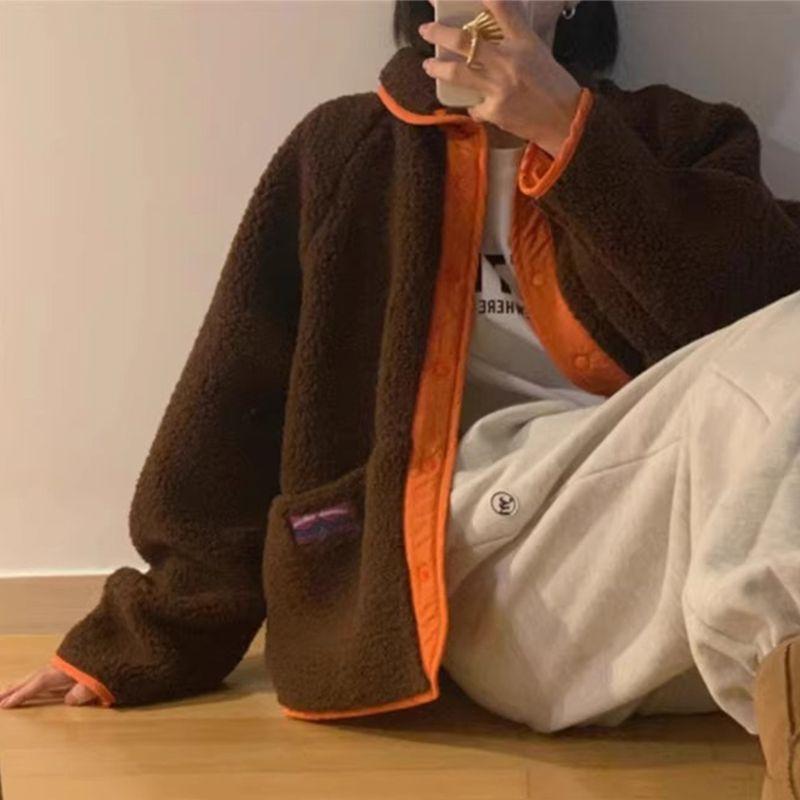 

South Korea Chic Fall and Winter Retro Minority Double-Sided Small Label Design Loose Easiest for Match Long Sleeves Lamb Wool Outwear Women Orange One size