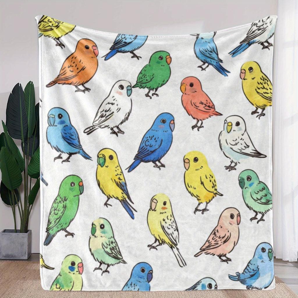 1pc Vintage Style Cartoon Bird Print Flannel Blanket, Soft And Comfortable All-Season Blanket, Suitable for Sofa, Bed, Office,