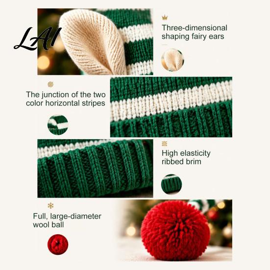 Comfortable Elastic Hat Christmas Elf Knitted Hat Ears And Fluffy Fur Ball Decor Soft Funny Cosplay Headwear Acrylic Striped Cap for Winter Festive