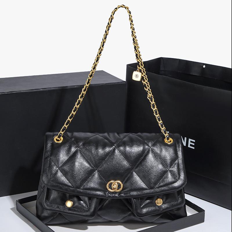 Xiaoxiangfeng Cowhide Diamond Grid Chain Bag Women's New Large Capacity High-end Double Pocket Shoulder Crossbody Bag
