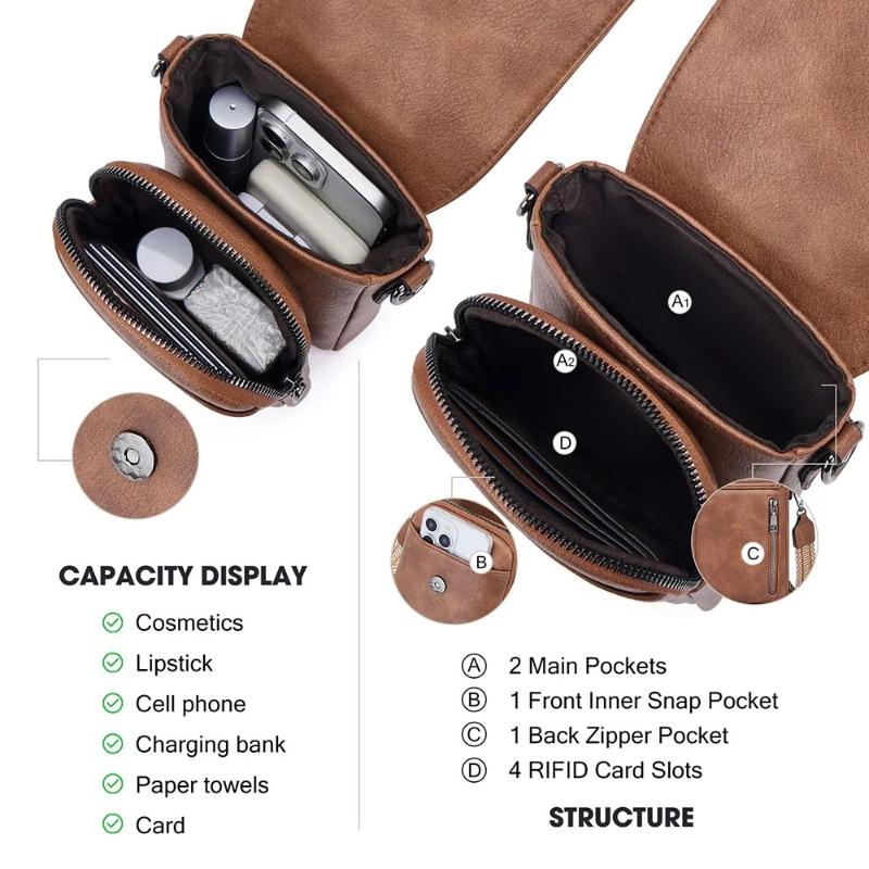 Bolso Bandolera de Cuero Vintage para Mujer Bolso para Teléfono para Mujer Correa Ancha Ajustable Bolso de Mano Compartimentos Múltiples con Cremallera Cartera