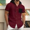 Men's Summer Hooded T-shirt Short Sleeved Button Down Tee with Chest Pocket Waffle Color Block Casual Hoodie T-shirt for Gym Street Wear