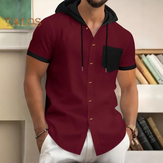 Men's Summer Hooded T-shirt Short Sleeved Button Down Tee with Chest Pocket Waffle Color Block Casual Hoodie T-shirt for Gym Street Wear