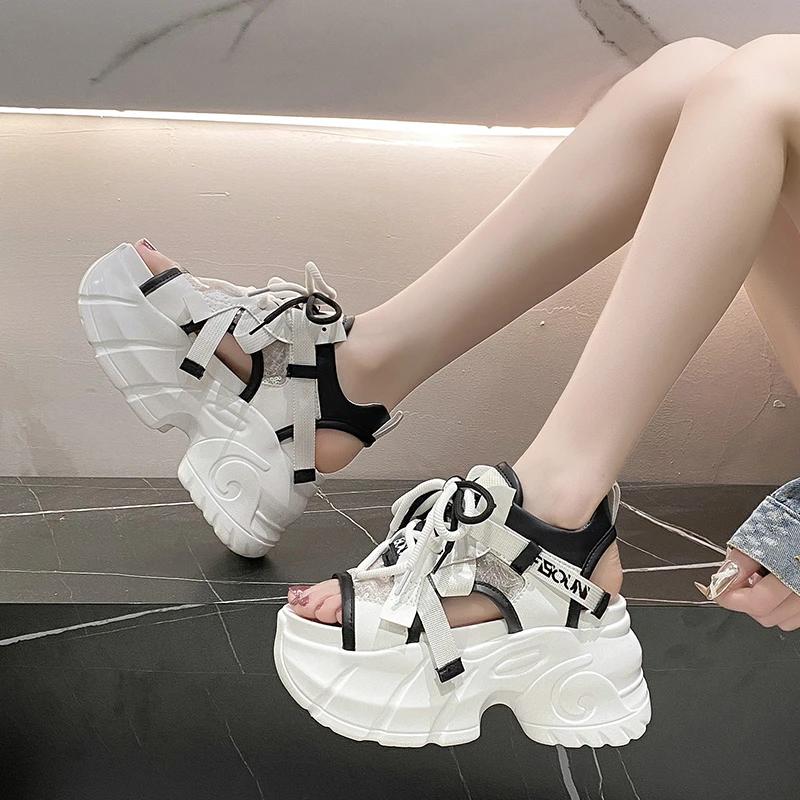 8,5 cm Damen Sandalen Plateau Dicke Sohle Klobige Schuhe Plateau Ins Casual Sommerschuhe Sandalen Beige Schwarz Bequem