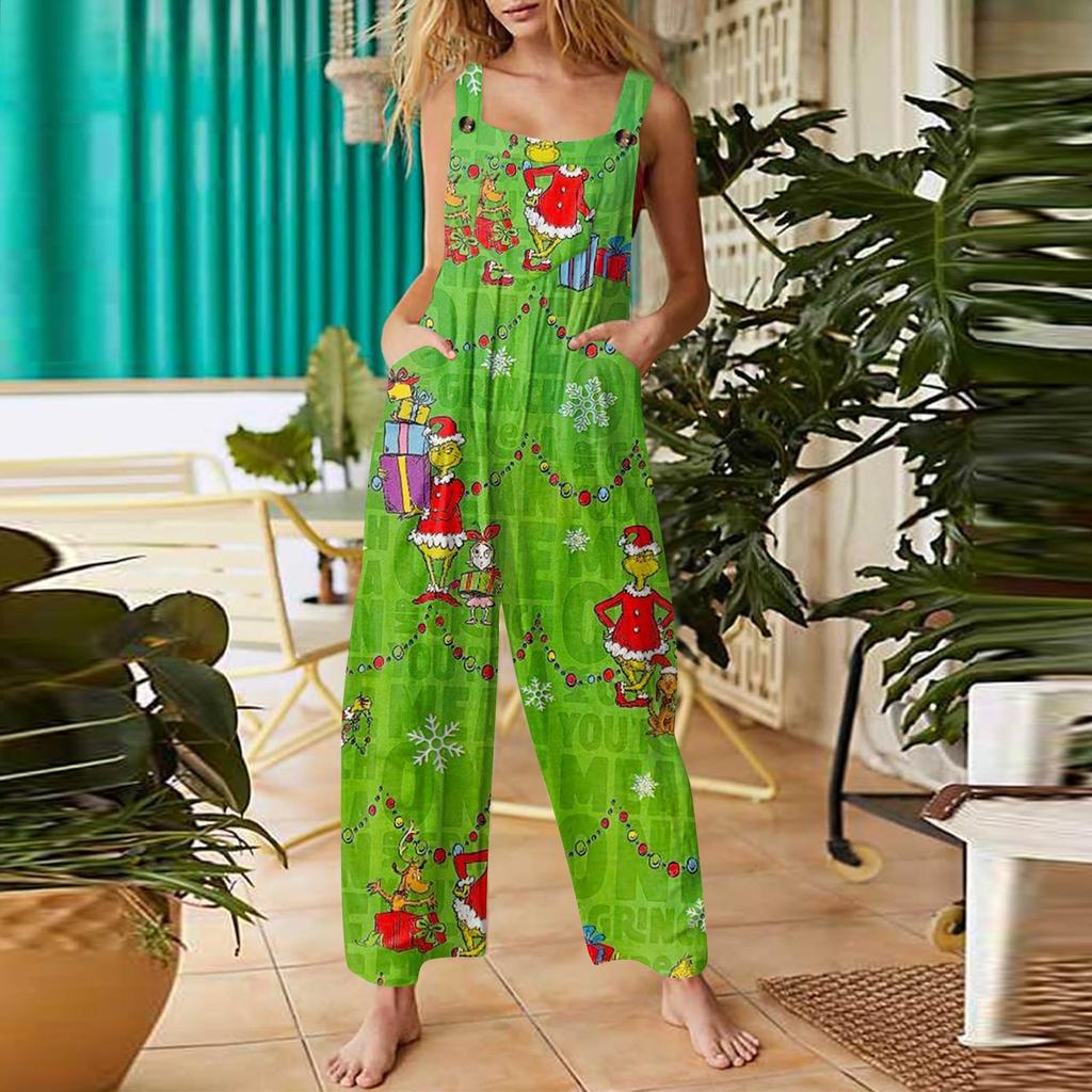 Women's Fashion Christmas  Print Casual Retro Sleeveless Button Jumpsuit