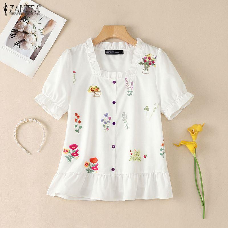 ZANZEA Women Casual Square Collar Loose Floral Prin Short Sleeve Blouse