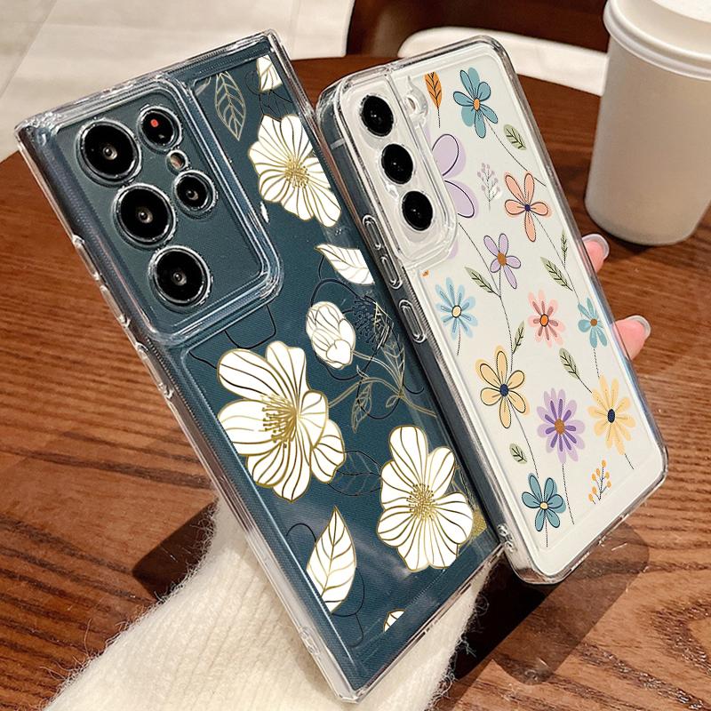 Clear White Flowers TPU Phone Case For Samsung Galaxy A15 A14 A56 A55 A54 A36 A16 A52 A35 5G S25 S24 S23 S22 Ultra S24 FE Cover