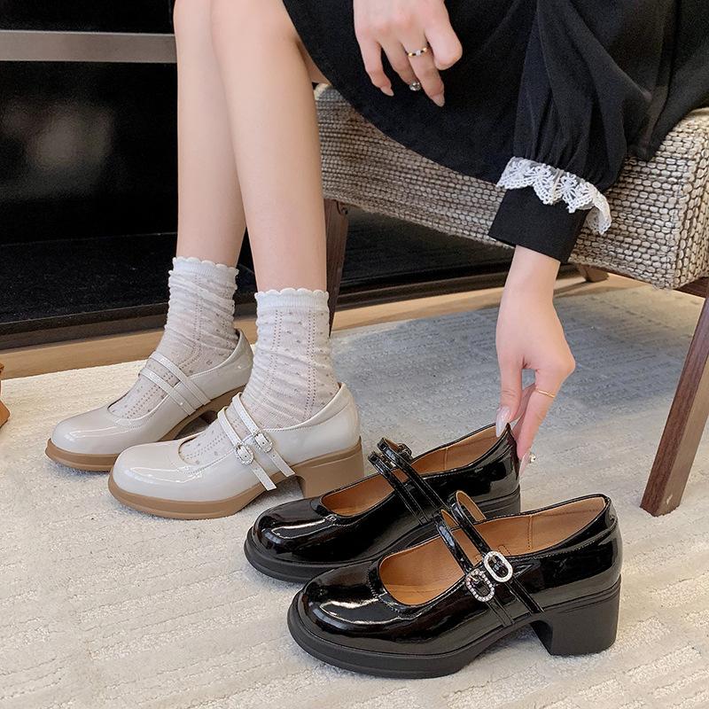 Mary Jane Single Shoes Women's High Heels 2025 New Retro British Style Jk Shoes Black French Thick Heel Small Leather Shoes