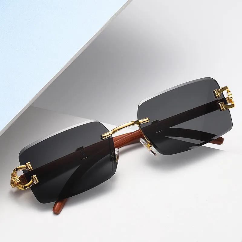 Classic Vintage Rimless Square Leopard Head Sunglasses Ladies Men Fashion Luxury  Designer Travel Wooden Metal Sun Glasses