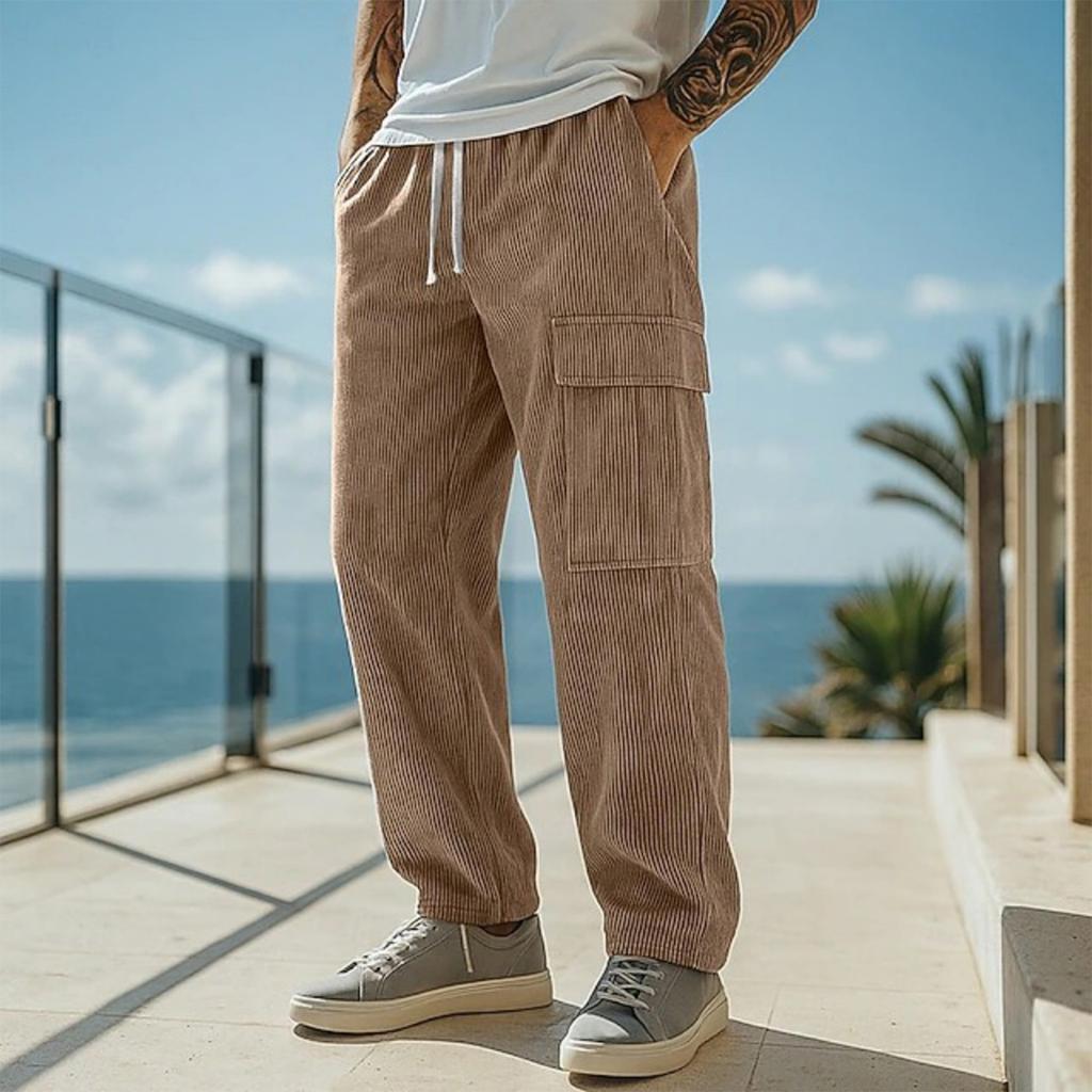 Mens Casual Corduroy Pants Elastic Waist Drawstring Sweatpants Casual Baggy Straight Cargo Pants Streetwear