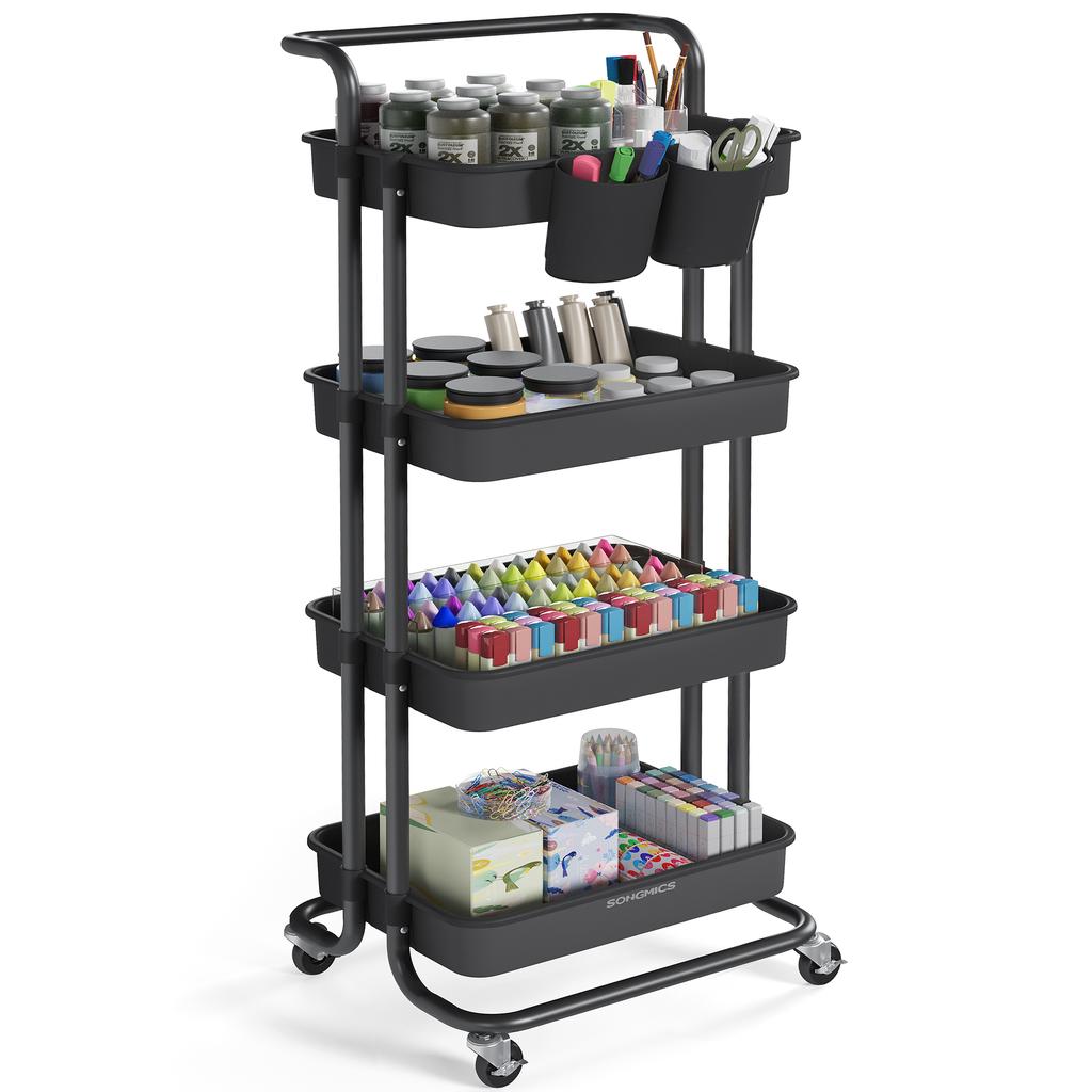 SONGMICS 4-Tier Storage Trolley, Rolling Trolley with Handle, 2 Small Organisers, Steel Frame, Steel Baskets, Utility Cart, Easy Assembly