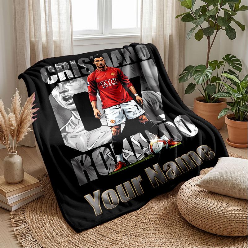 Coperta in Flanella Personalizzata con Nome Cristiano Ronaldo Logo Calcio Coperta Plaid in Pile Personalizzata Regalo Speciale per Divano Camera da Letto Casa