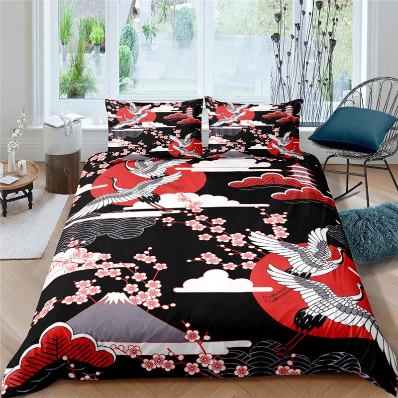 Japanese Crane Duvet Cover King Queen Size Wave Flower Ukiyo-E Style Bedding Set Eastern Culture 2/3Pcs Polyester Quilt Cover