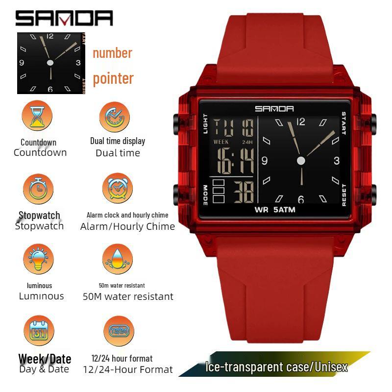 Sanda Dual Time Waterproof Transparent Sports Wristwatch with Colorful Single Display and Student Timer Function
