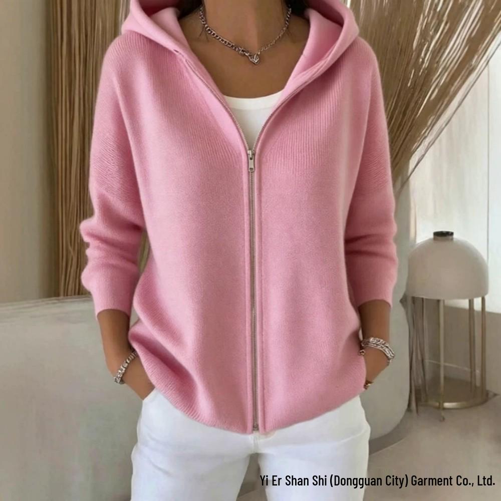 Autumn 2026 Hooded Zipper Knit Cardigan - European & American Style, Women's Loose Solid Color Long Sleeve Sweater