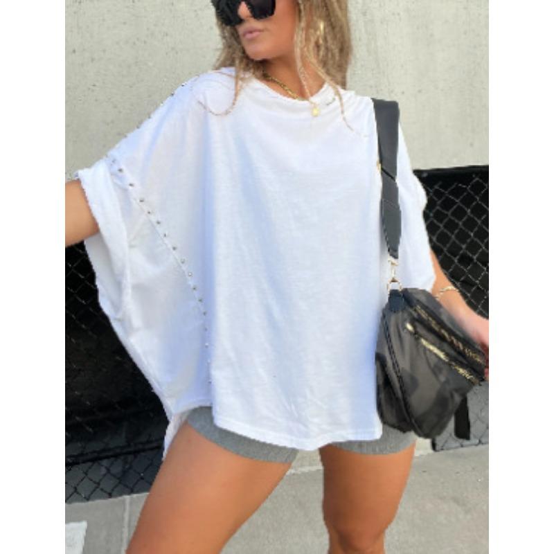 DAFIFY Women's Fashion Casual Summer Spring Solid Color Print Short Sleeve O-Neck Blouses & Shirts