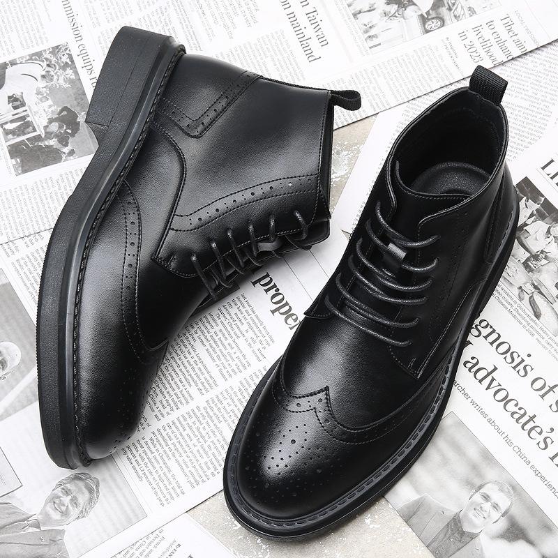 FashionCow Leather High-soled Brock High-top Boots for Men Autumn Winter Fleece Warm Ankle Boots Male Fashion Casual Platform Shoes Man