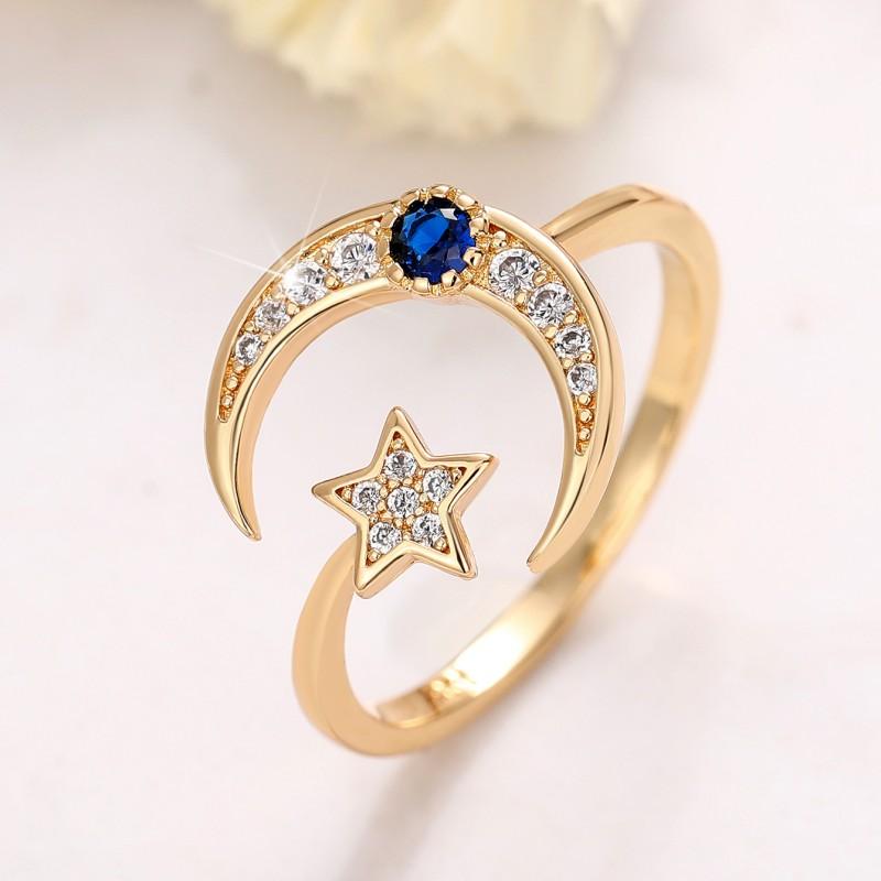 Huitan Newly Star and Moon Design Opening Rings for Women White/Blue Cubic Zirconia Exquisite Girls Accessories Trendy Jewelry