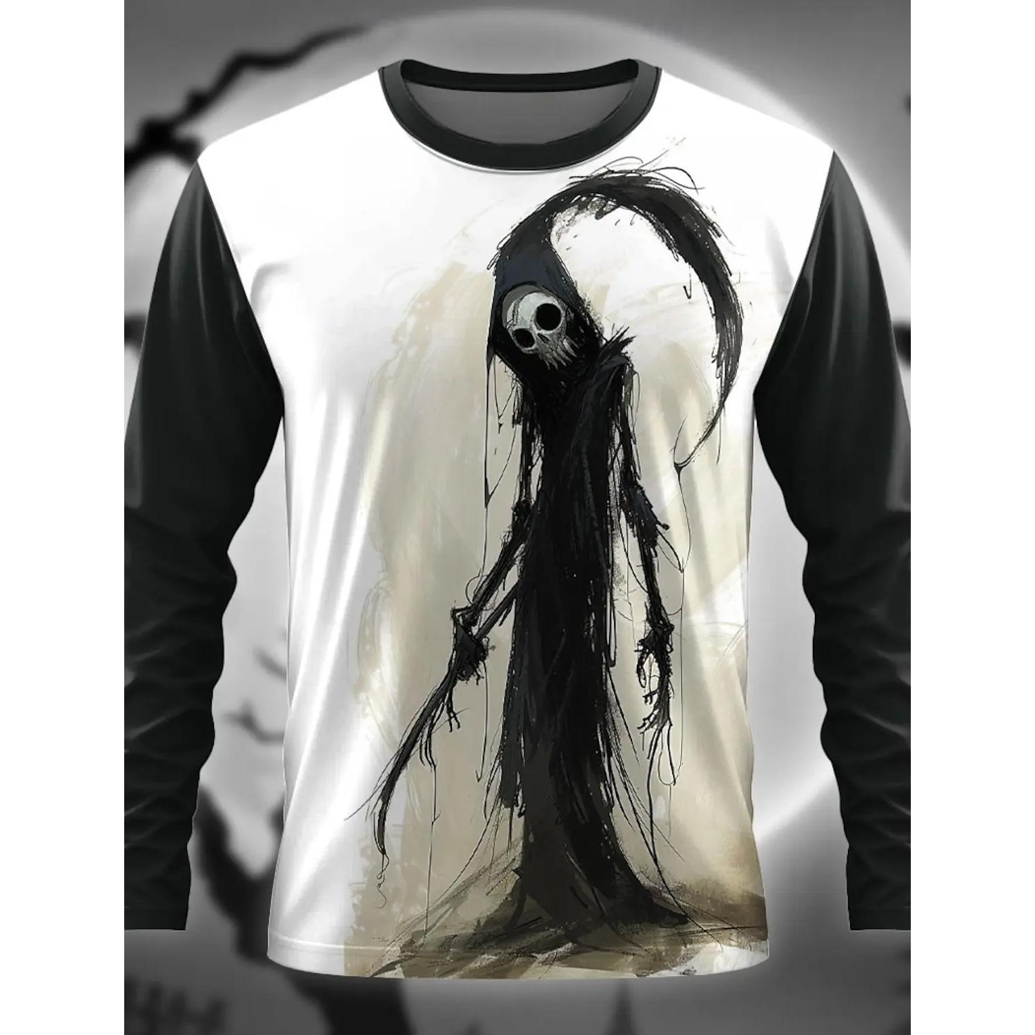 

Весенне-осенний топ с круглым вырезом и 3D-принтом на Хэллоуин, модные повседневные мужские футболки с длинным рукавом S