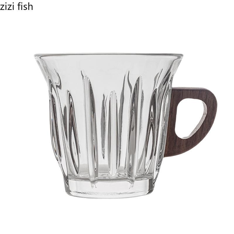 Glass Coffee Cup and Dish Set Wooden Handle Water Cups Wooden Dessert Plate Insulated Breakfast Cup Milk Tea Cups Milk Mug