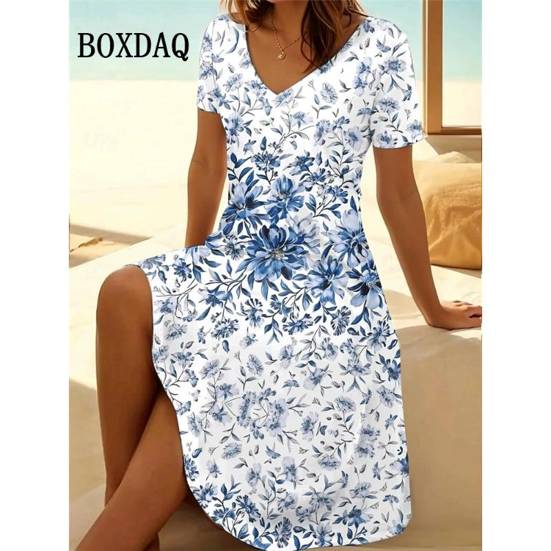 Vintage Summer Dress Women's V-Neck Flowers Printed Casual Beach Vacation Short-Sleeved Dress Loose Women Plus Size Dresses 6XL