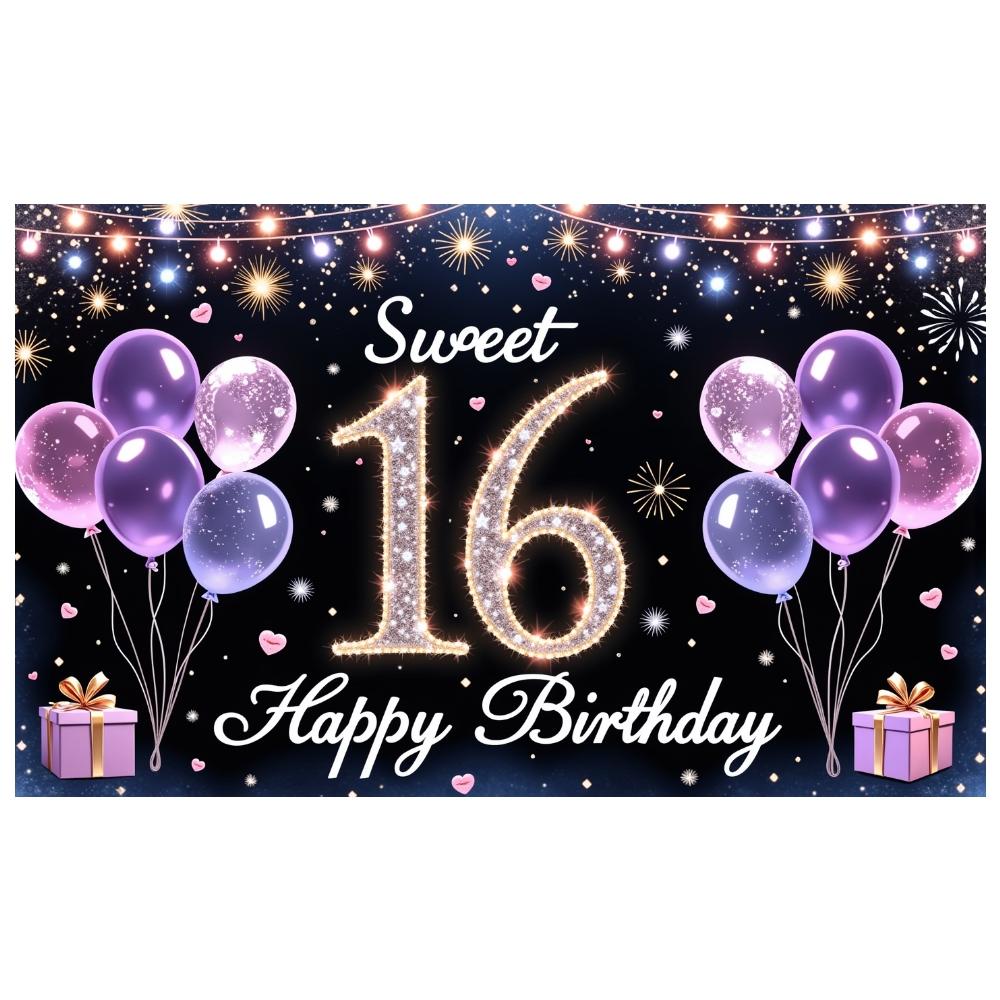 16th Birthday Display Heart Accent Sweet 16 Banner Backdrop Golden Number Sweet Celebration Display For Photo Backdrop Birthday