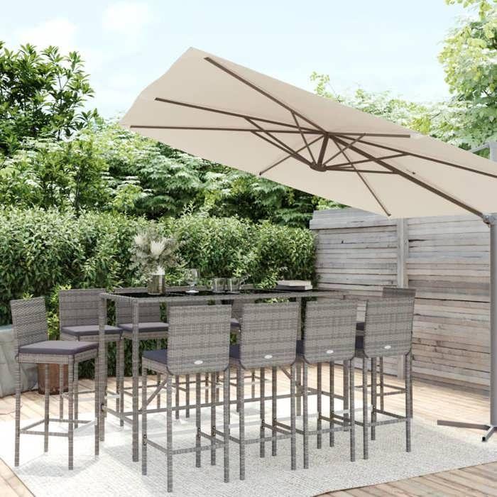 VidaXL Ensemble de bar de jardin 11 pcs avec coussins gris poly rotin, ensemble de table de bar, table et chaise de bar, 3187650