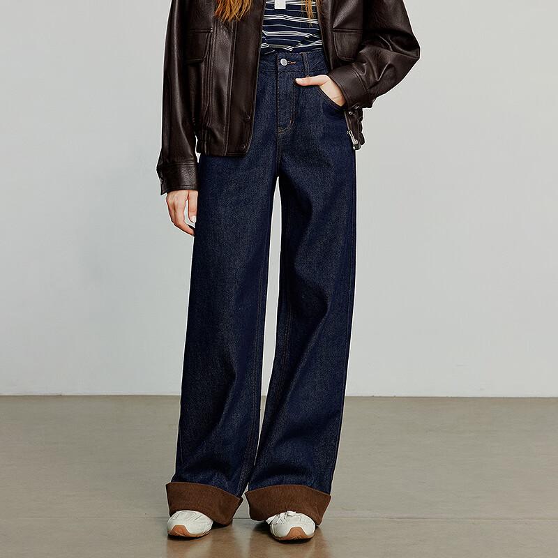 Chuyu 2025 Autumn Turn-Up Hem Patchwork Wide-Leg Denim Jeans