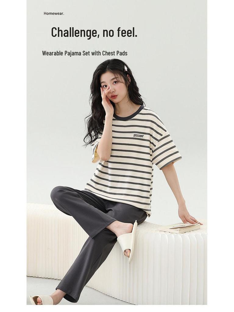 Damski kreskówkowy komplet piżamy z krótkim rękawem i wkładkami na biust - Letni bawełniany długi komplet domowy 2025