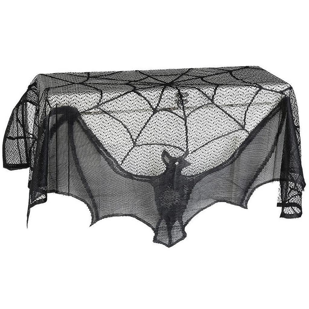 Halloween Decorative Bats Curtains Black Lace Spider Web Holiday Stove Towel Lampshade Fireplace Cloth Decor for Spooky Festival