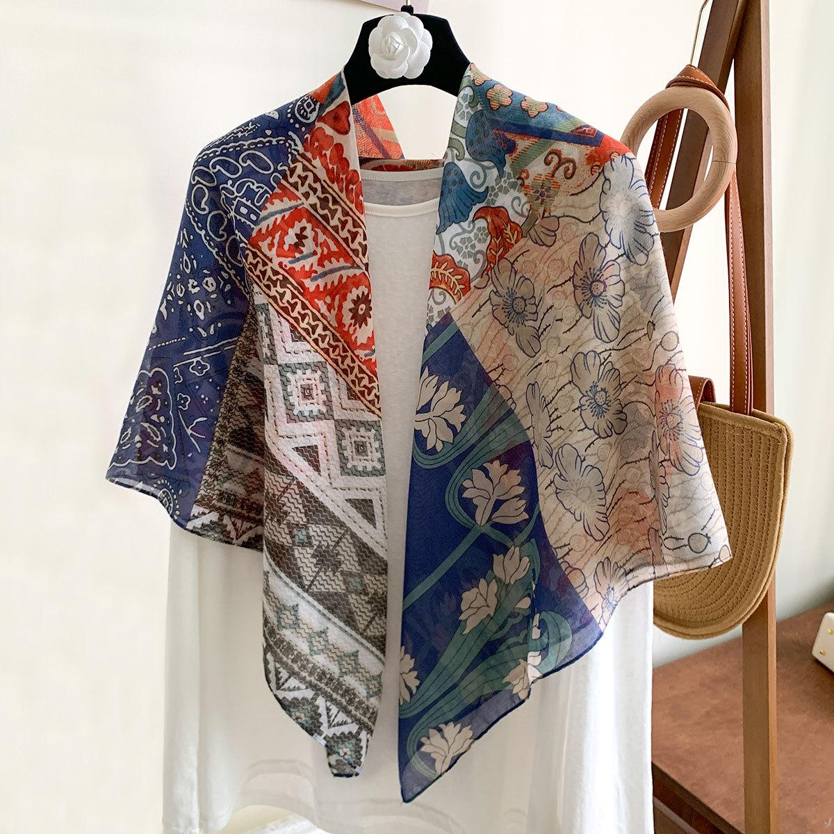 [110 * 110 Variety Sunscreen Shawl] French Retro Printed Square Scarf Women s Summer Premium Silk Cotton Silk Scarf 110*110cm