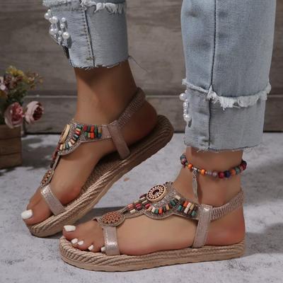 Flower Women Sandals Summer 2025 New Flat Bottom Bare Toes Outer Wearing Boho Style Vacation Women Beach Shoes Large Size 36-43