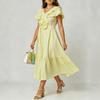European and American large-size summer new temperament elegant V-neck ruffle edge waist medium and long dress