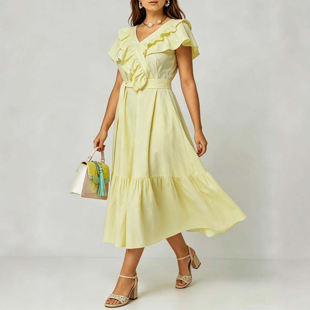 European and American large-size summer new temperament elegant V-neck ruffle edge waist medium and long dress