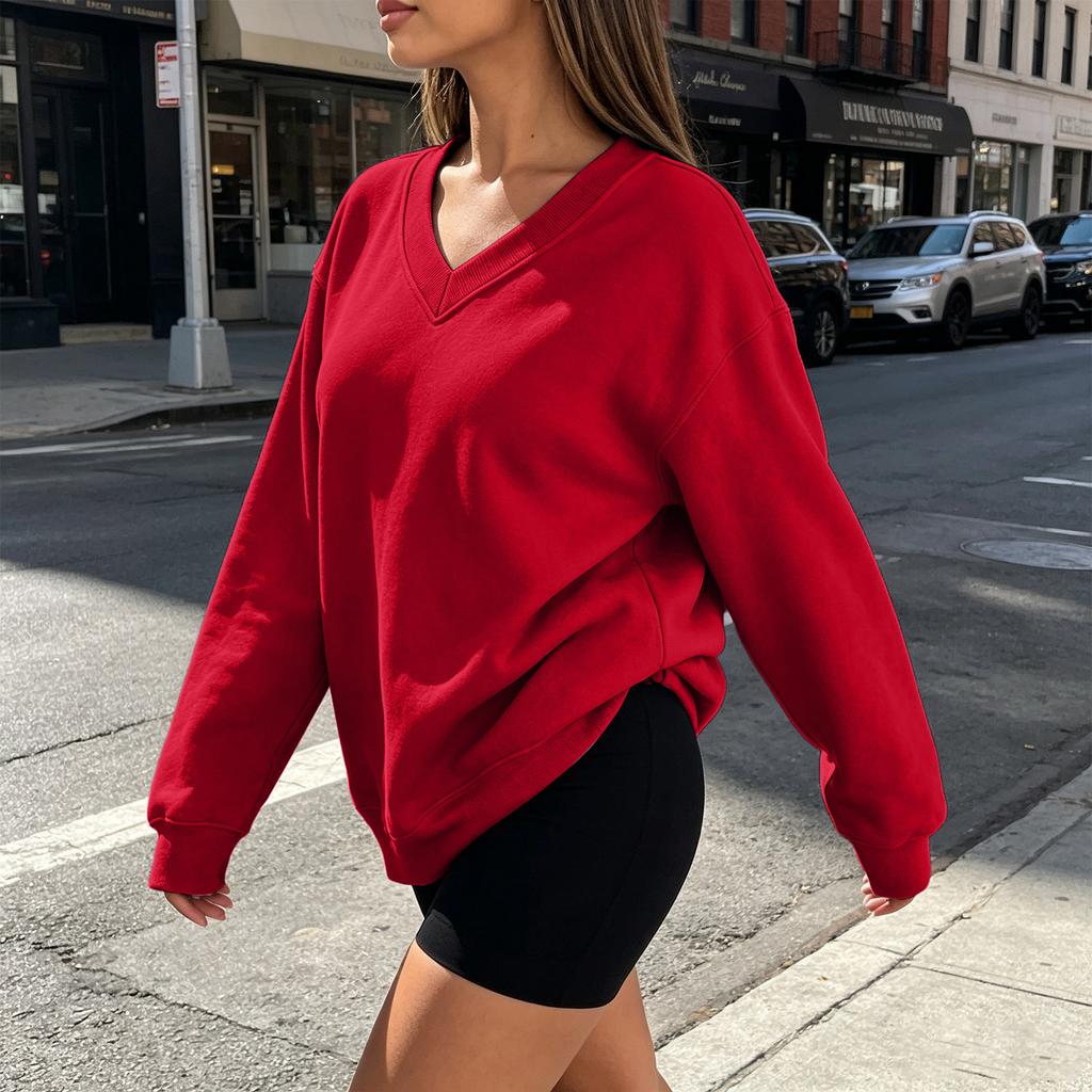 Women's V-Neck Long Sleeve Sweatshirt Casual Color Pullover
