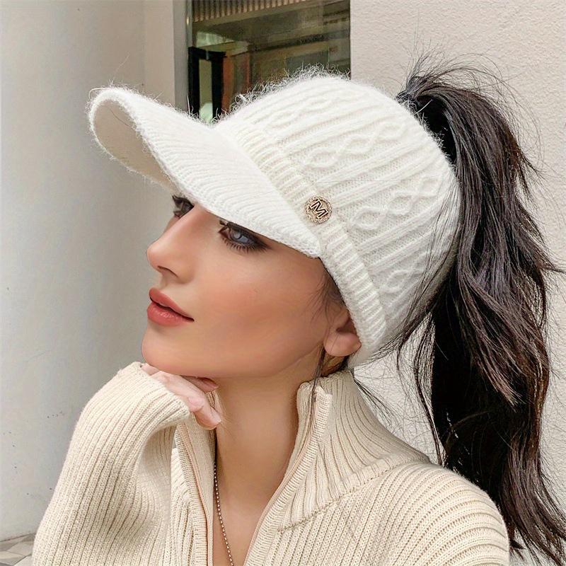 1pc Knitted Elastic Ponytail Baseball Cap, Autumn and Winter Warm Woolen Cap, Empty Top Cap, Outdoor Sports Cap, Warm Cap белый