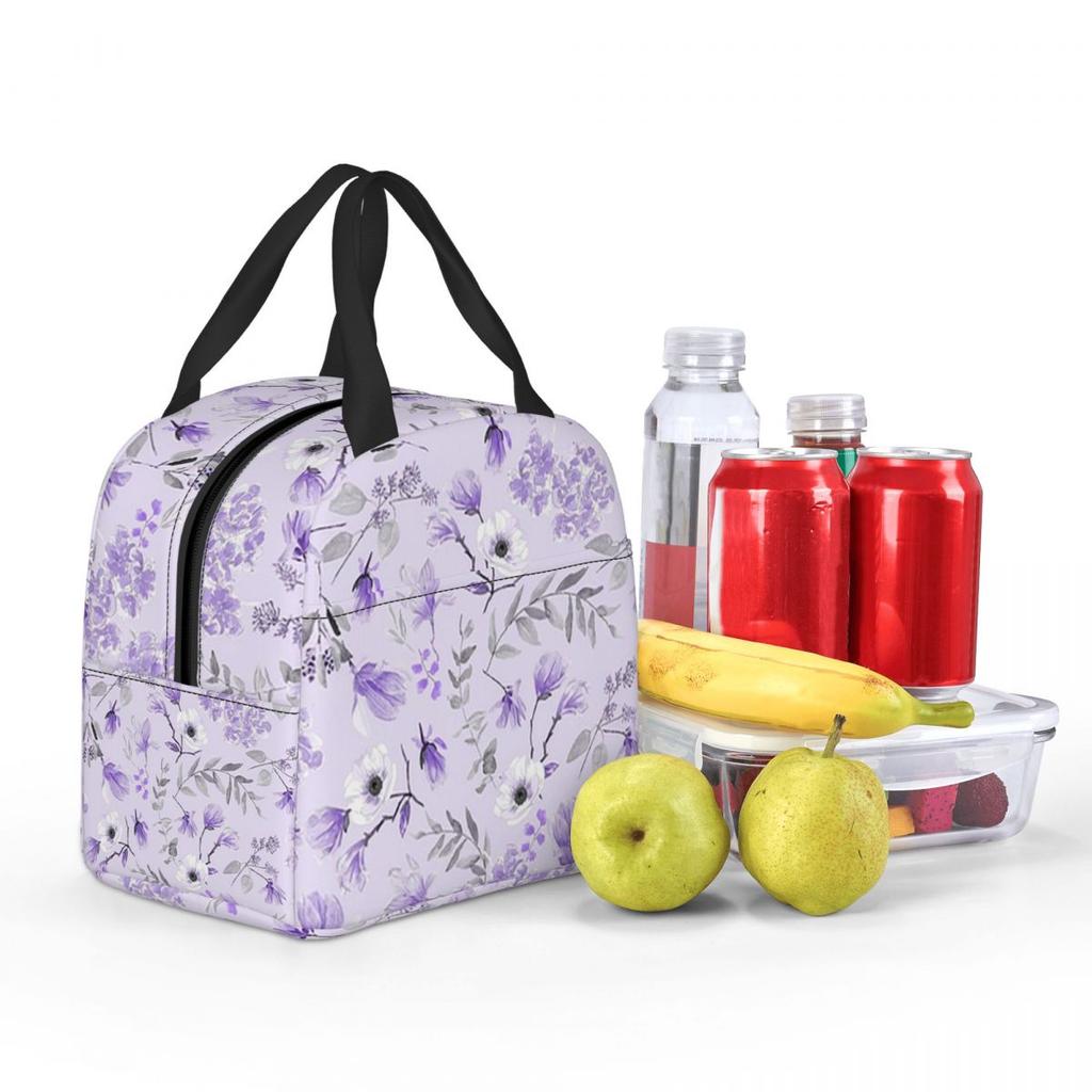 Light Purple Floral Pattern Insulated Lunch Bag for Women Kids Portable Food Boxes Thermal Lunch Box Tote