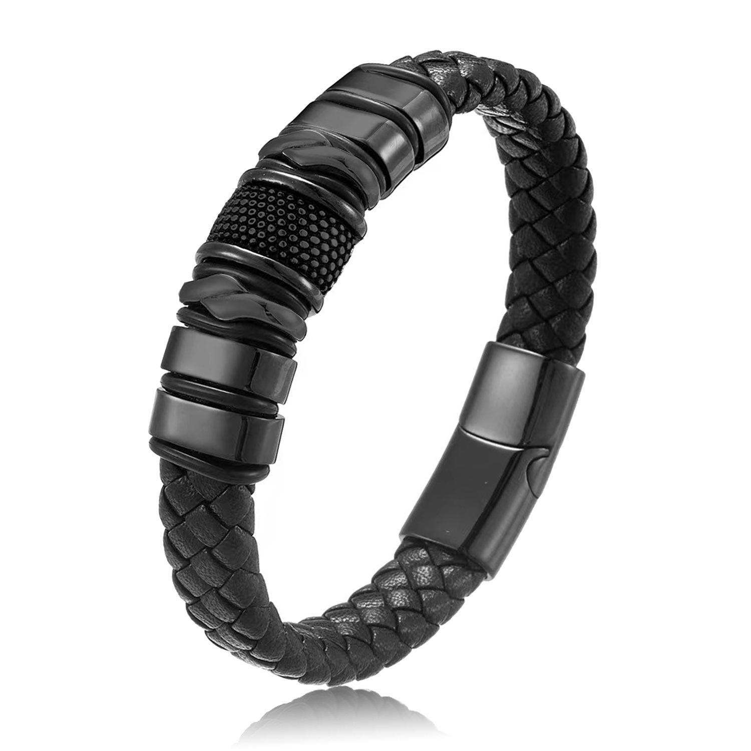 New Men s Personalized Leather Bracelet, Black Leather Stainless Steel Men s Jewelry Bracelet 19CM