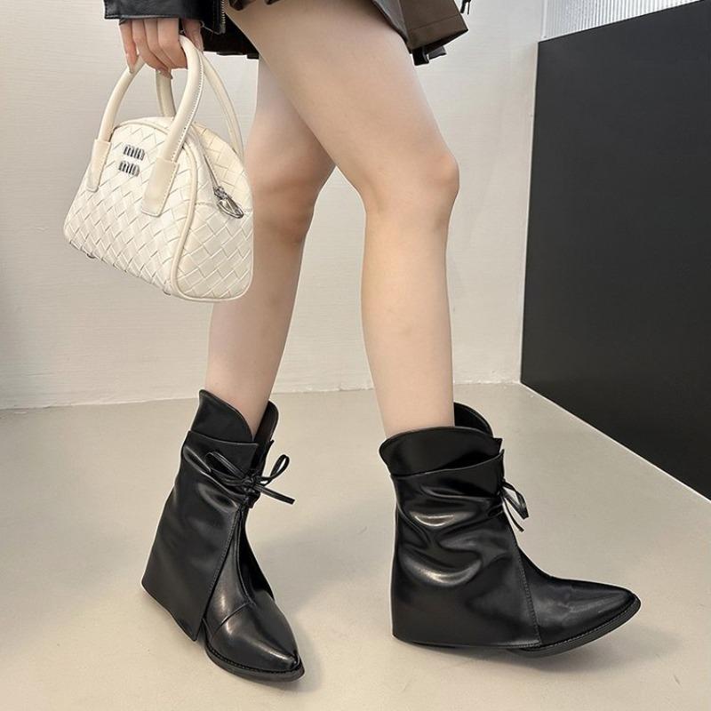 2025 Autumn/Winter New Pointed Bowknot Western Cowboy Boots European American Women's Slipsole Chelsea Mid-calf Skirt Boots