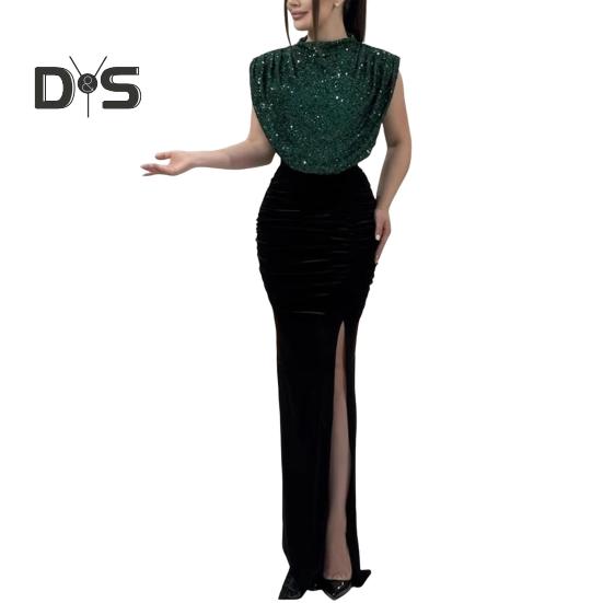 Women Glitter Dress Round Neck Sleeveless High Waist Lady Sequins Split Long Dress Evening Party Gown Dress