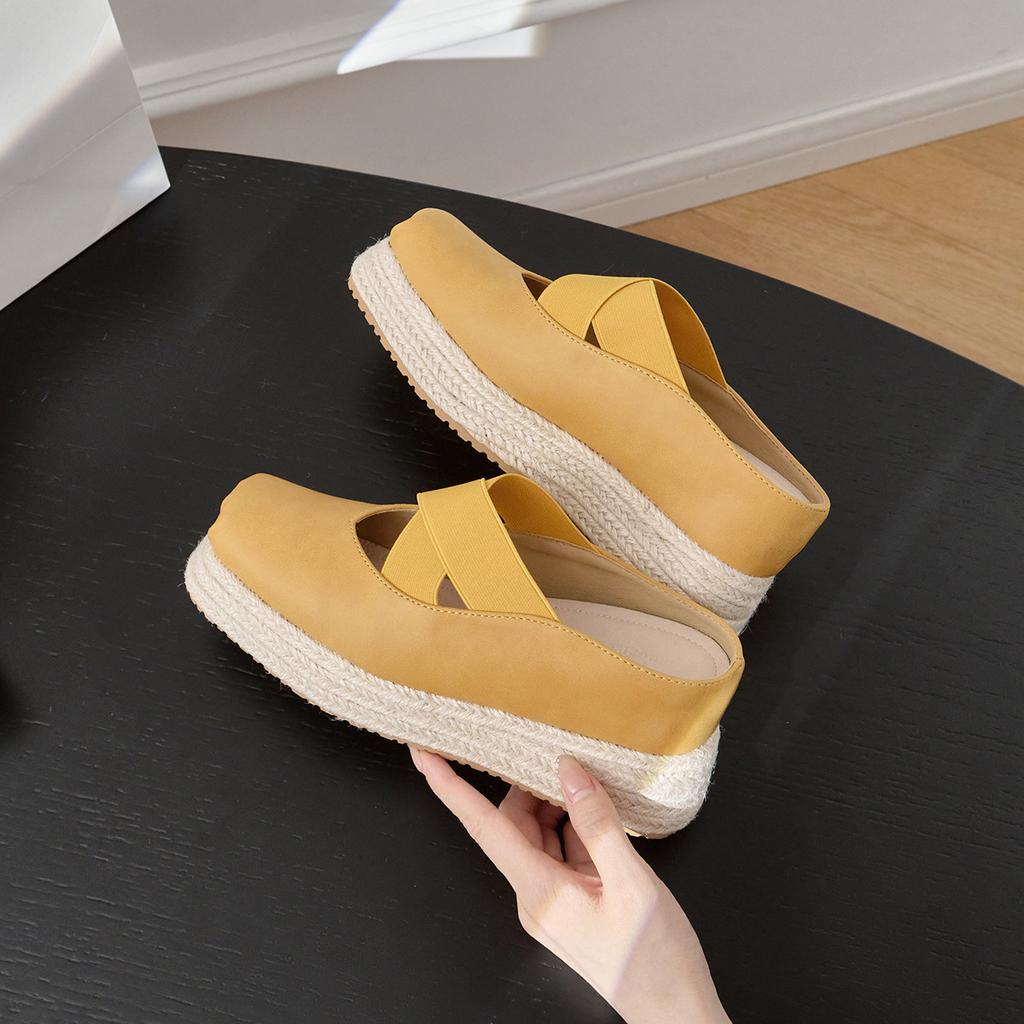 Leather ballet high-end niche thick-soled Mary Jane shoes inner height-increasing bag head slippers women's summer wear high heels