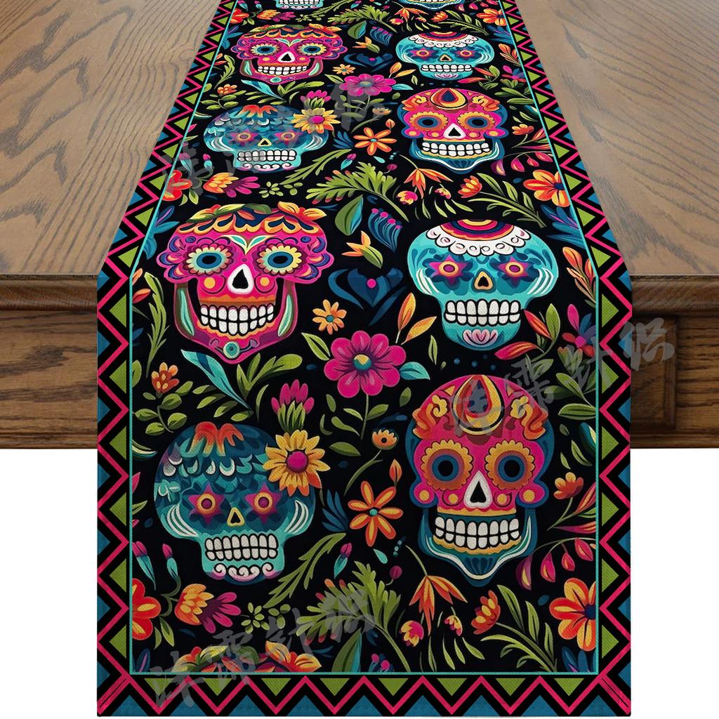 Halloween Table Runner Faux Linen Long Strip Day of the Dead Christmas Holiday Dining Decor