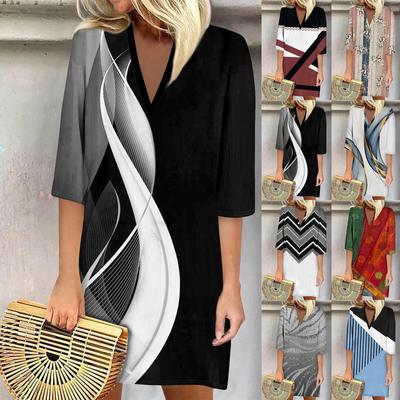 Summer Dresses For Women Fashion Casual Printed Loose V Neck 3/4 Sleeve Dress