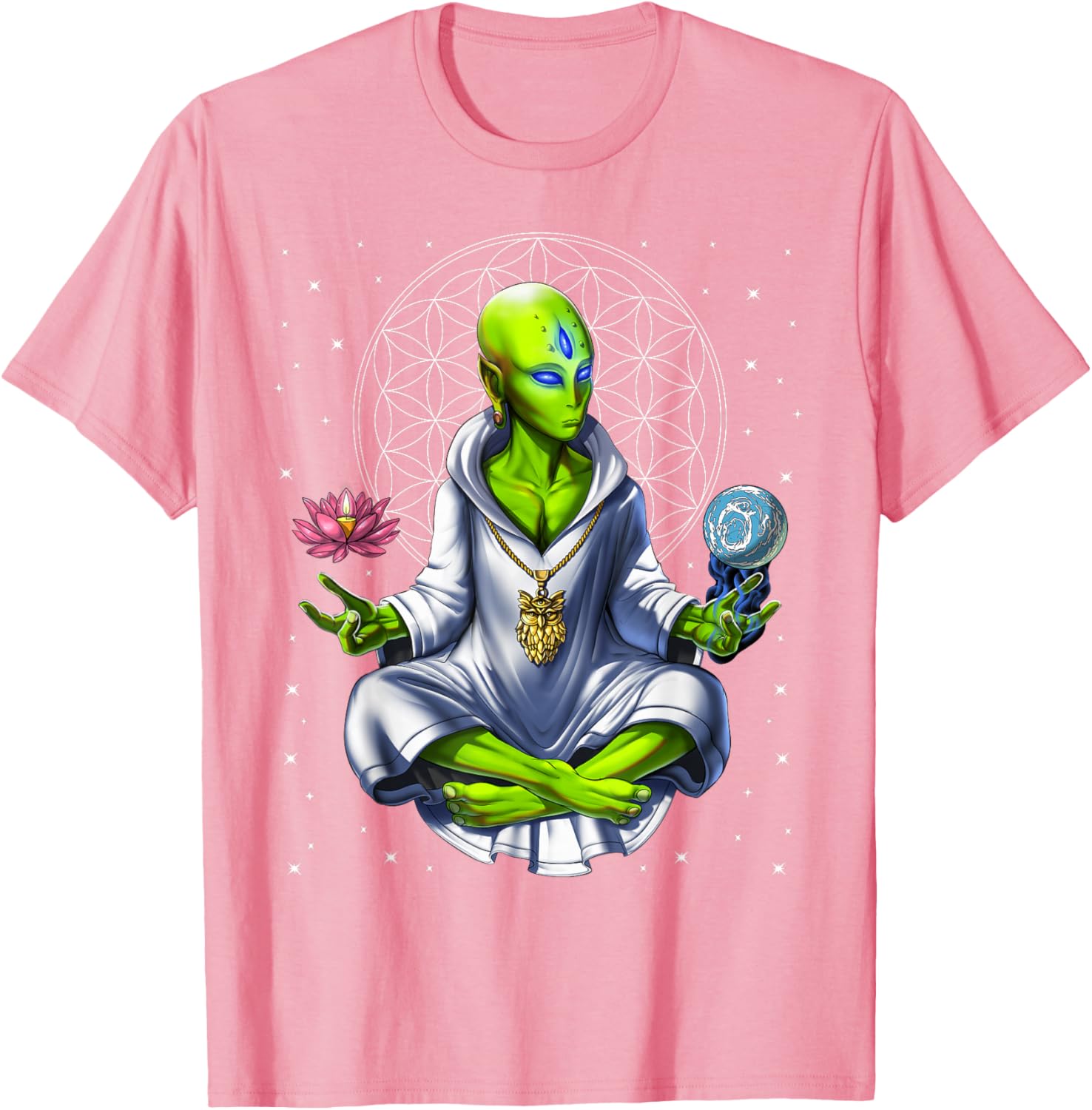 Alien Meditation Zen Spiritual Sacred Geometry Graphic Tee Men Casual Cotton Short Sleeve T-Shirt S