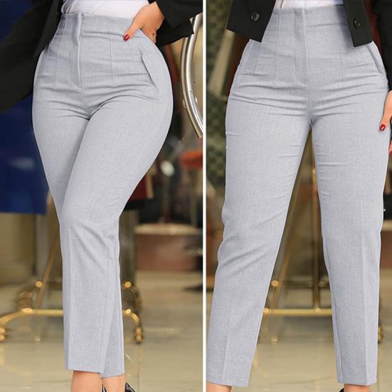 High Waist Pleated Pockets Ninth-Length Women Trousers Solid Color Straight Leg Suit Pants