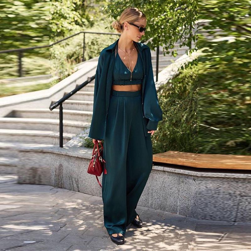 Elegant Silk Shirt Bra Pants Sets 3 Pieces Women Casual Single Breasted Lapel Loose Shirts Corset Straight Trousers Suits Female