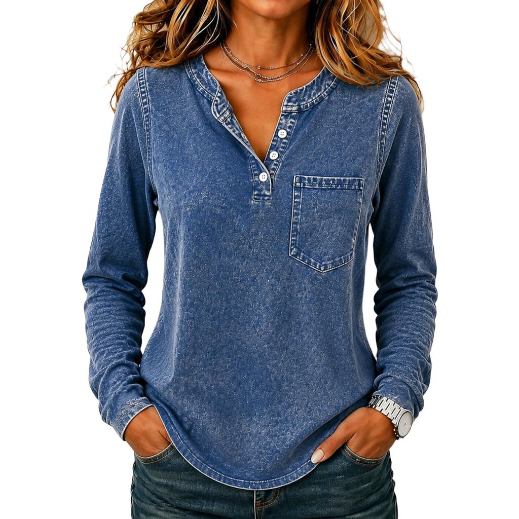 Top Blusa da Donna Casual a Maniche Lunghe con Bottoni Colorato
