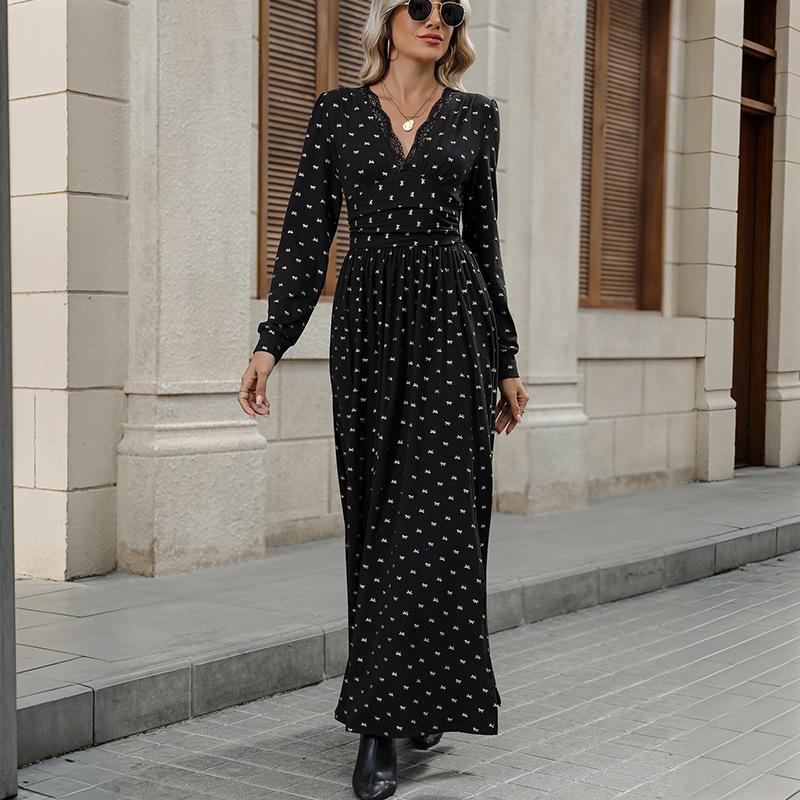 

YYFS Женская мода весна осень с длинным рукавом V-образным вырезом и высокой талией повседневные платья XL чёрный